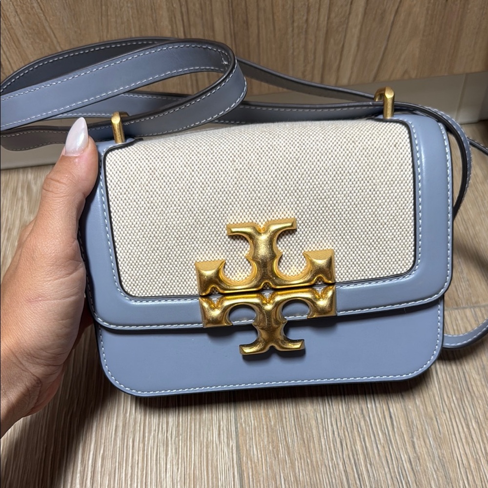 Tory Burch Elegant Blue and Cream Crossbody Bag with Gold Hardware